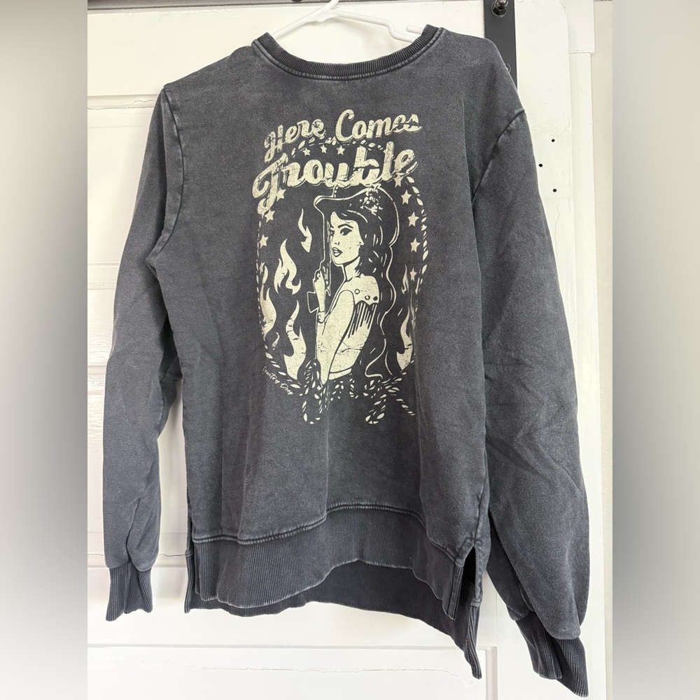 Western Distressed Black Sweatshirt with  side slits “here comes trouble”